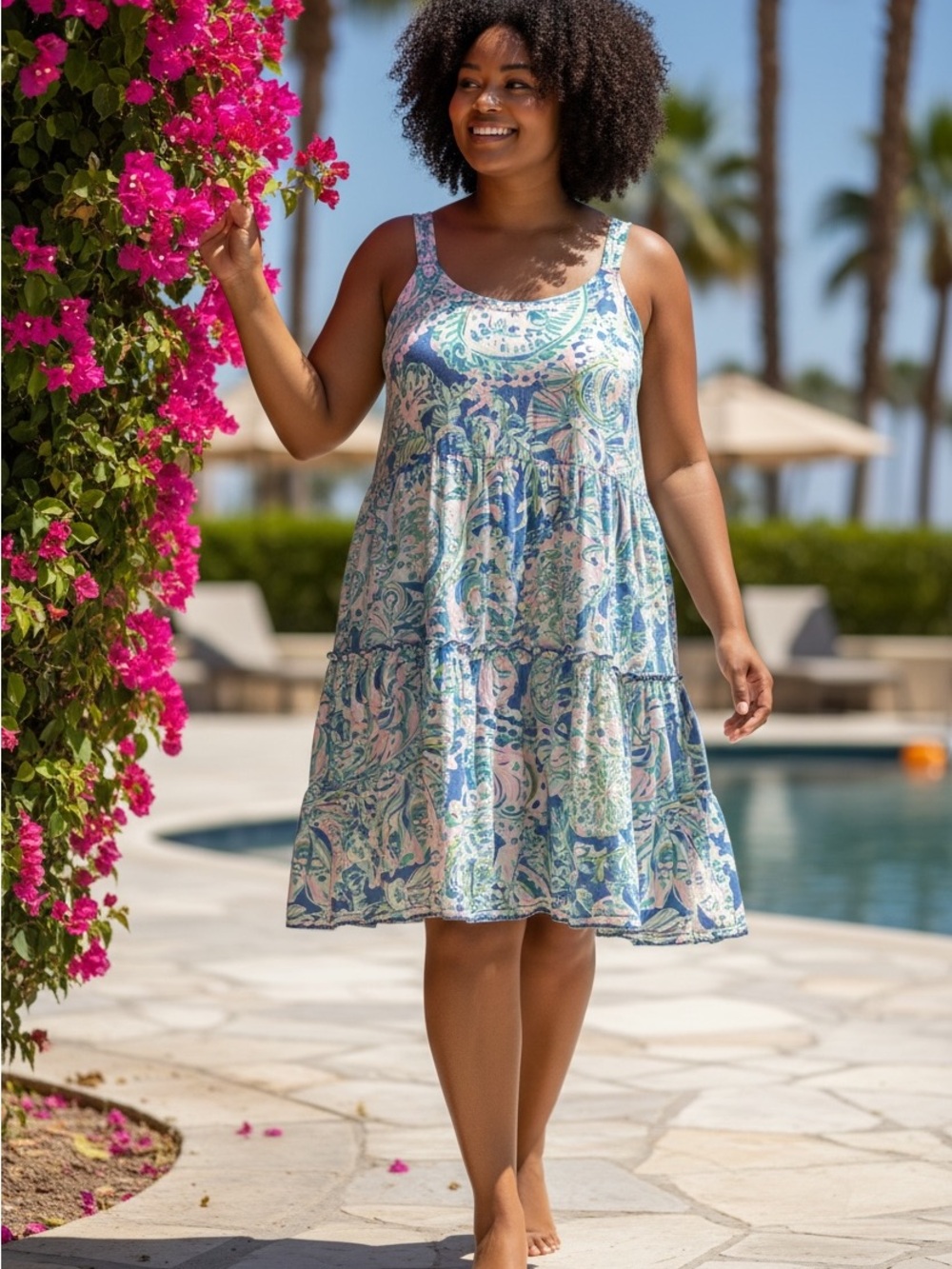 Sleeveless Blue and Pink Paisley Swim Cover-Up Dress